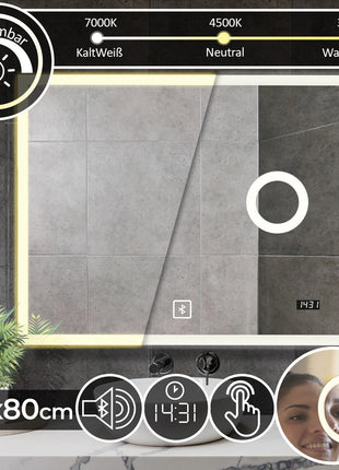 Aquamarine bathroom LED mirror 100×80 cm (dimmable 3in1, with digital clock and Bluetooth)