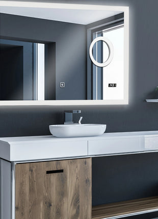 Aquamarine bathroom LED mirror 100×80 cm (dimmable 3in1, with digital clock and Bluetooth)